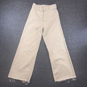 Zara Wide Leg Pants Women 8 Sand Beige High Rise Raw Hem Denim Trousers